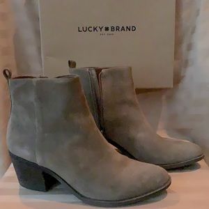 LUCKY BRAND  Natalia Suede ankle boots; 1 1/4 inch heel; color - Brindle (Tan)